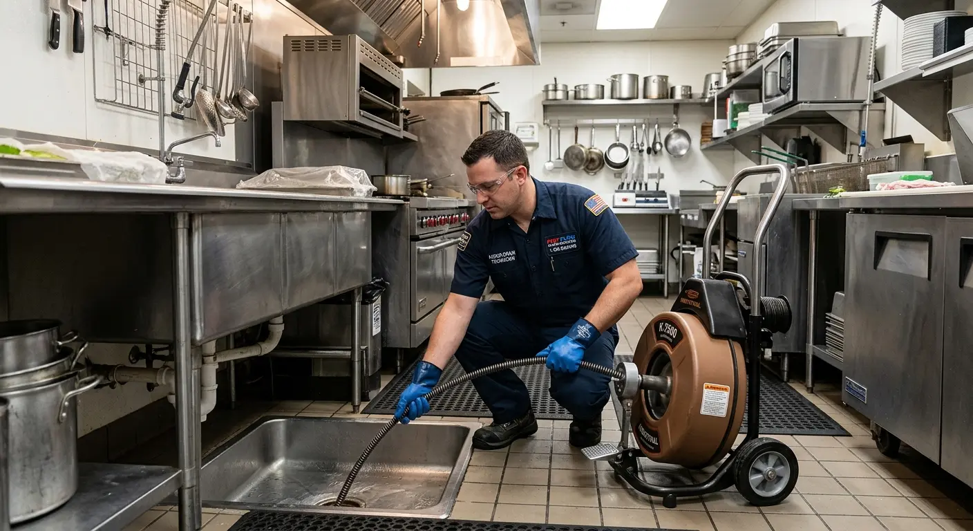 Commercial drain cleaning service in a restaurant kitchen in Clay