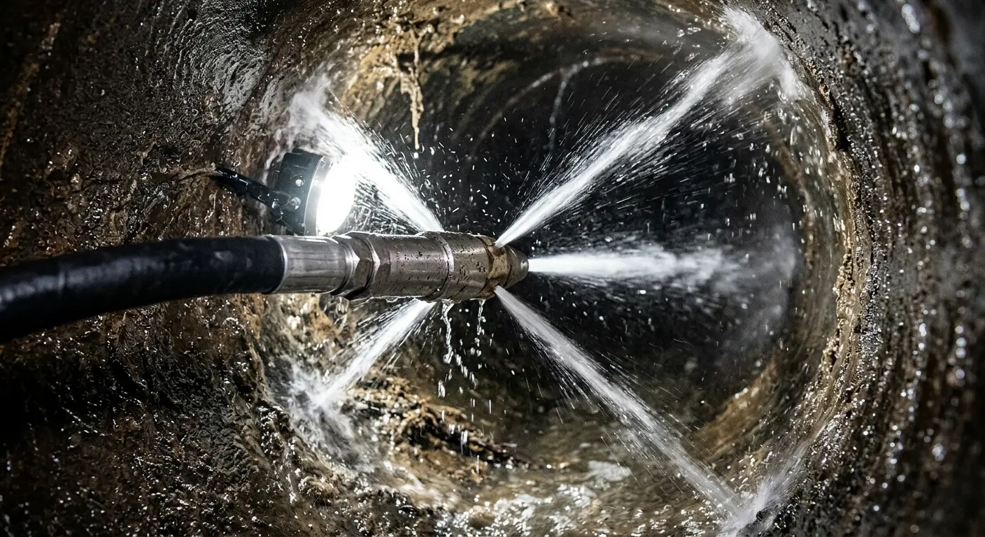 High-pressure hydro jetting nozzle cleaning sewer pipe for Sewer Cleanout in Clay